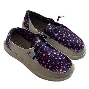 HEY DUDE Wendy Leo Americana Blue Red White Leopard Print Slip On Shoes Womens 7